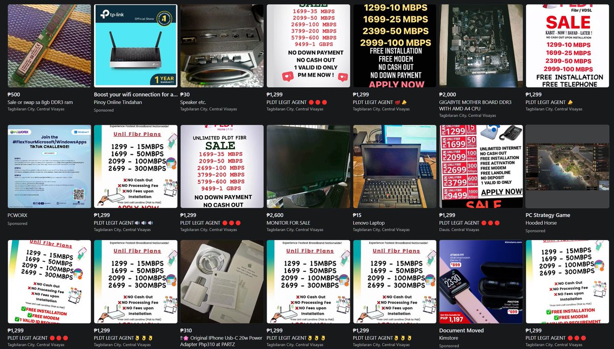 Joeyization's tweet photo. Tagbilaran Facebook Market flooded with PLDT sellers, maybe part of the service issues some customers are having &amp; possible illegal connections? @PLDT_Cares @pldt @PLDTEnterprise https://t.co/LFnlWMyAEE