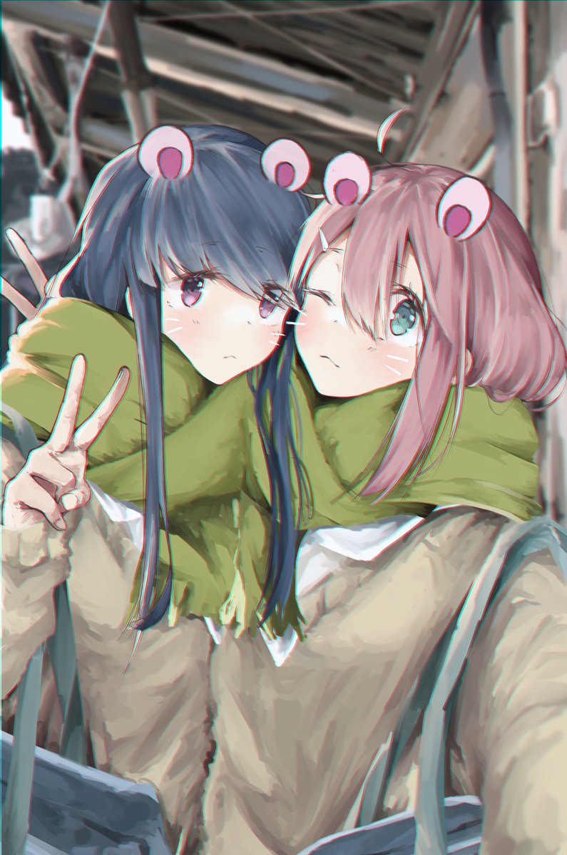 kagamihara nadeshiko ,shima rin multiple girls 2girls pink hair scarf v selfie blue hair  illustration images
