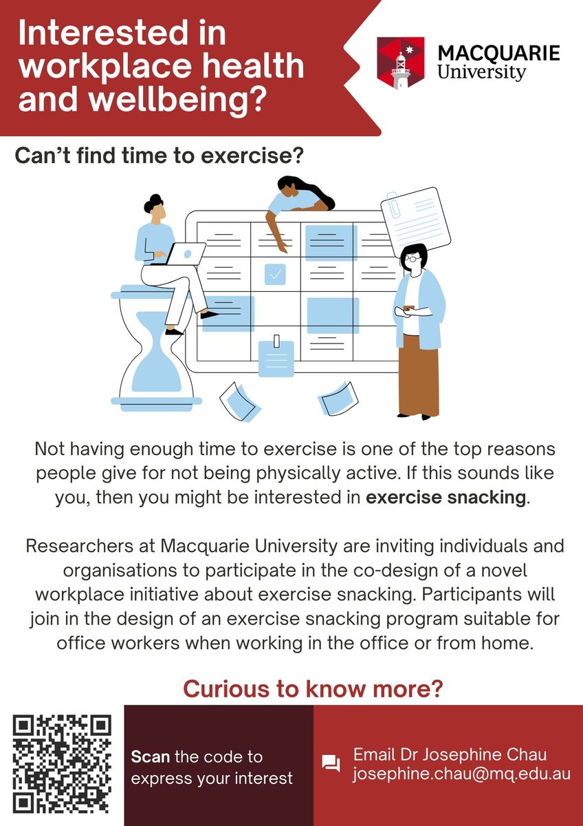 noviarfirsta's tweet photo. We are still looking for participants who are interested in co-designing a novel #workplace initiative about #exercise snacking! 
Want to share your ideas? 
Scan the QR code to express your interest or email Dr @jochau (josephine.chau@mq.edu.au) https://t.co/aTzhRpBsda