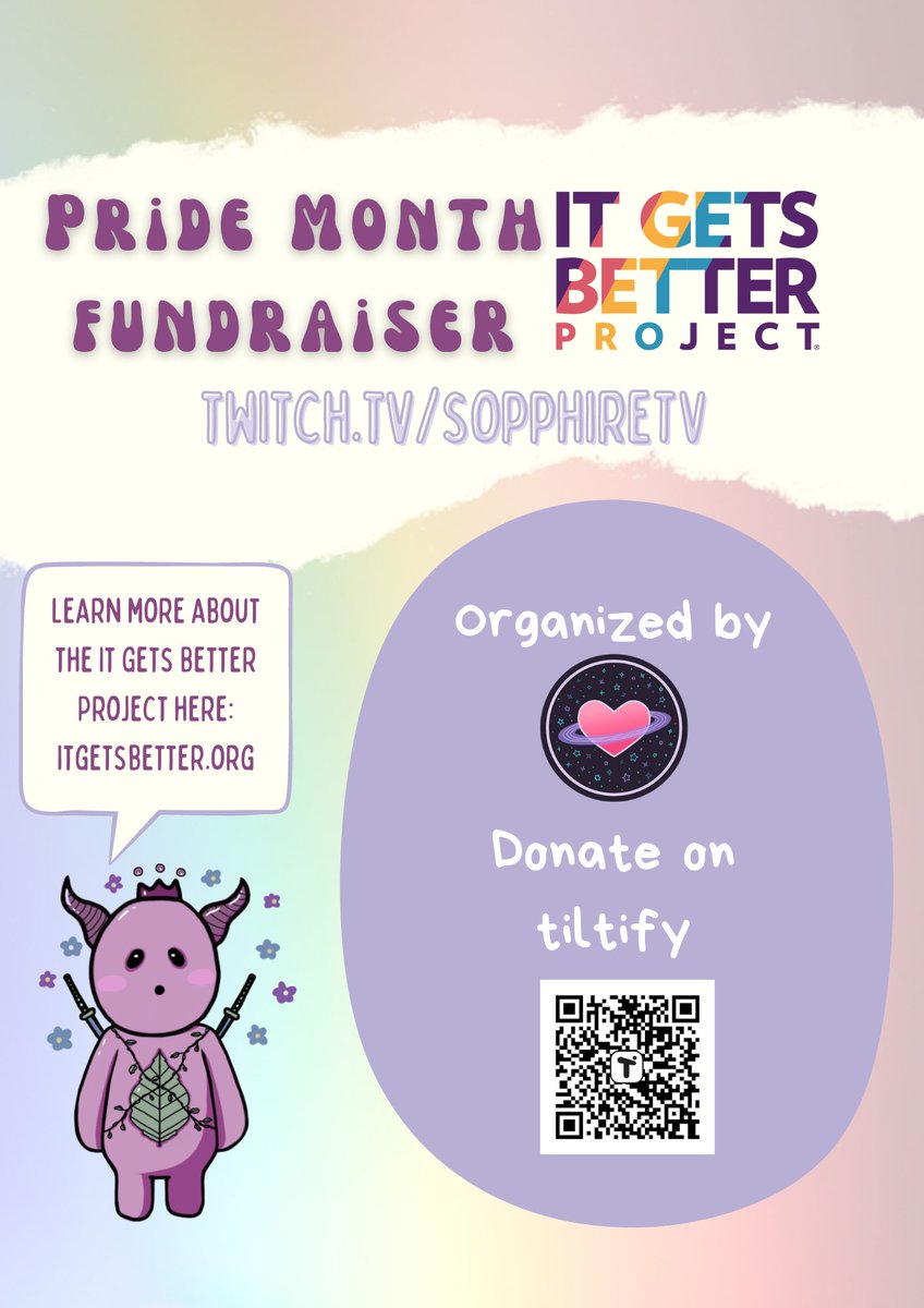 sopphireTV's tweet photo. Happy pride month!๐
During the entire month of June I'll be fundraising alongside @cosmichearts_ for It Gets Better Project, and I'll also do two special charity streams:
JUNE 12TH AT 4PM ET
JUNE 17TH AT 7PM ET
Here's the link to donate: https://t.co/PeYMy0fTnM
See u there!โฅ๏ธ https://t.co/vEfwL6Y9GO