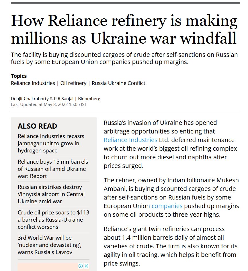 santhoshd's tweet photo. Modi's stand on #PutinWarCriminal was "to reduce #FuelPrice for Indians".
#RelianceIndustries gets cheap oil & sells to Europe, not Indians, for obscene profits. Taxpayer owned Refiners continue making losses on #PetrolDieselPrice.
#PMCARESforChildren of cronies. https://t.co/lEFXRzxTn5