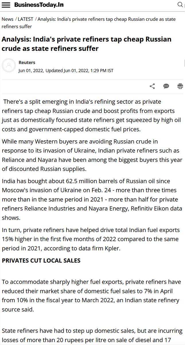 santhoshd's tweet photo. Modi's stand on #PutinWarCriminal was "to reduce #FuelPrice for Indians".
#RelianceIndustries gets cheap oil & sells to Europe, not Indians, for obscene profits. Taxpayer owned Refiners continue making losses on #PetrolDieselPrice.
#PMCARESforChildren of cronies. https://t.co/lEFXRzxTn5