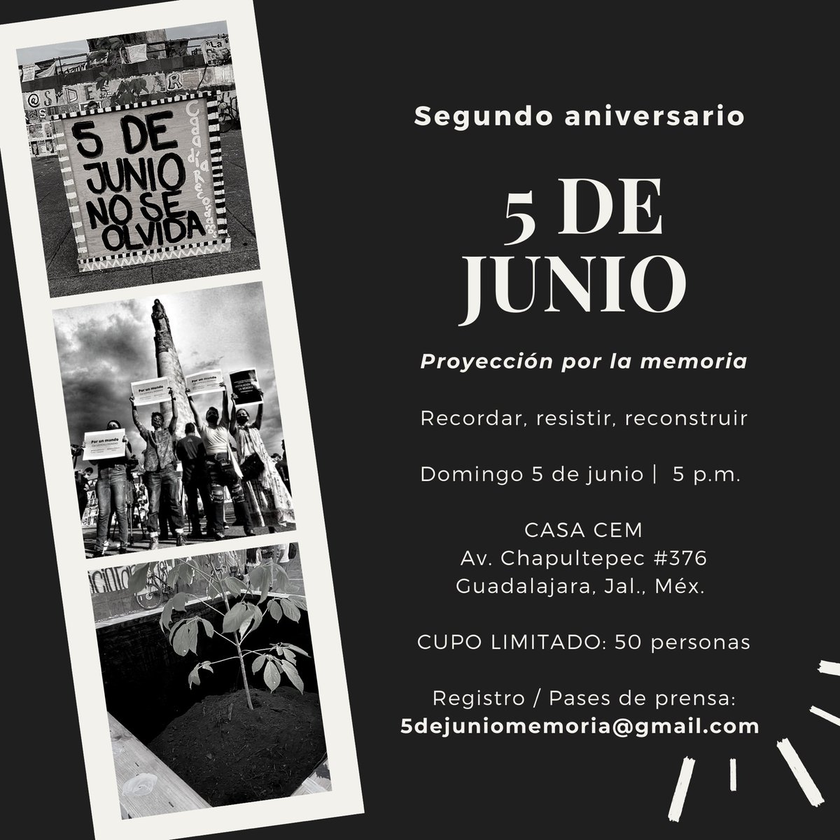 5deJunioMemoria's tweet photo. Agradecemos a quienes nos acompañarán en la conversación que tendremos después del #cortometraje #CincoDeJunio, que se proyectará en el #5DeJunioAniversario2 👉🏽@pacommedina @Che_che_ @soundgal93 y parte del equipo de @CEPAD_AC / 5 de junio / 5 p. m. @CasaCem ⚫️ Registro vía Gmail https://t.co/NIhRothxvt