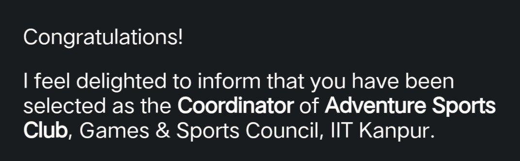 Kp___9's tweet photo. Wow!!! 🤩 Cant believe Its my year. I am now the coordinator of the adventure club IITK🥳. Thanks for believing in me🫡. Will see me in action 🎬. https://t.co/LREsPtm1Fz