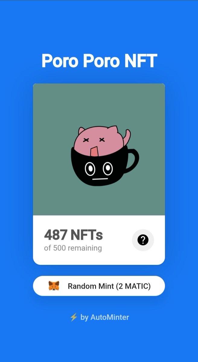 13 Minted Poros💓
For anyone who wants to have poro, u can mint here!🥰 Mint 5 and i'll give you an wl for <a href="/Foxlers/">Foxlers</a> 🦊

autominter.com/nft/6296551888…

#NFTProject #Mintingnow #PolygonNFT #NFTMinting #nftart #nftcollectors