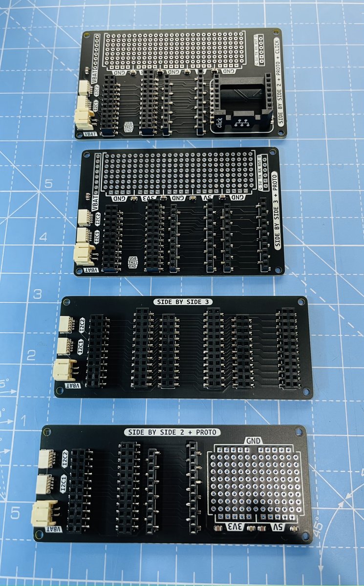 unexpectedmaker's tweet image. Finally got around to assembling one of each of the new prototype shield concepts for #TinyPICO, #TinyS2 &amp;amp; #TinyS3 
Not sure which I’ll take into production, maybe all 4. Thoughts?
Yes, I need to fix al of the label orientations!
#maker #electronics #microcontrollers