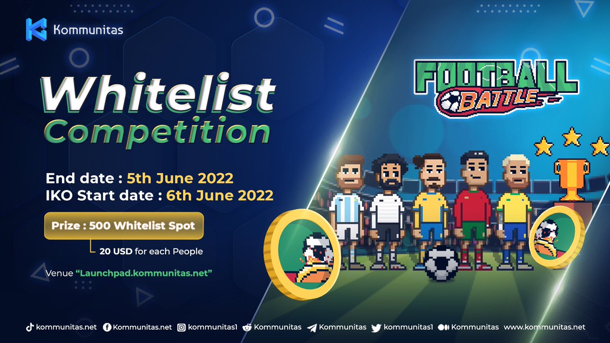 kommunitasnet's tweet photo. Hi, $KOMmunity!

⚽️ We want to share 500 whitelist spots for our IKO with @_FootballBattle 

If you win the #whitelist spot, you will be able to participate in the Football Battle Public Sale Booster 1 even if you do not stake any KOM ✨

Participate here https://t.co/ImdglrWVmb https://t.co/GOPiPqxDp5