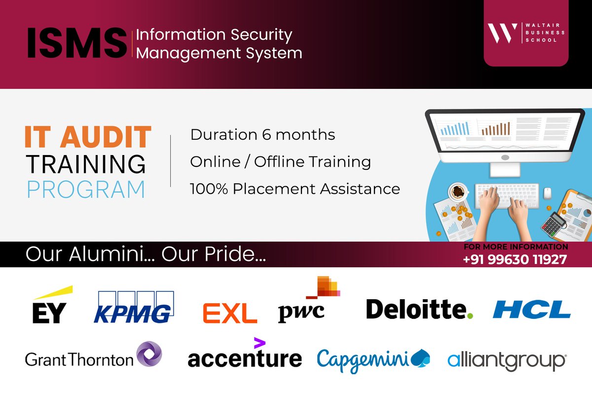 wbscollege's tweet photo. Introducing It Audit for beginners Reach us to enroll.

#isms #itaudit #isms #iso27001 #training #ittraining #auditing #audit #systemaudit #27001la https://t.co/fVy99Mms3d