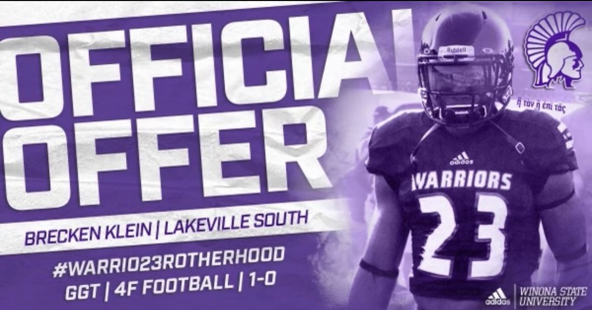 After a great talk with <a href="/Coach_Bergy/">Brian Bergstrom</a> I am excited to announce I have received a scholarship offer from <a href="/WinonaState_FB/">Winona State Football</a> ! Thank you to <a href="/TrevorOlson62/">Trevor Olson</a> and <a href="/IsaacFruechte14/">Isaac Fruechte</a> for this opportunity. #GGT 🟣⚪️