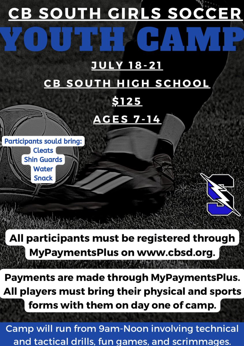 Check out this flyer for info on CB South Girls Soccer Youth Summer Camp!!