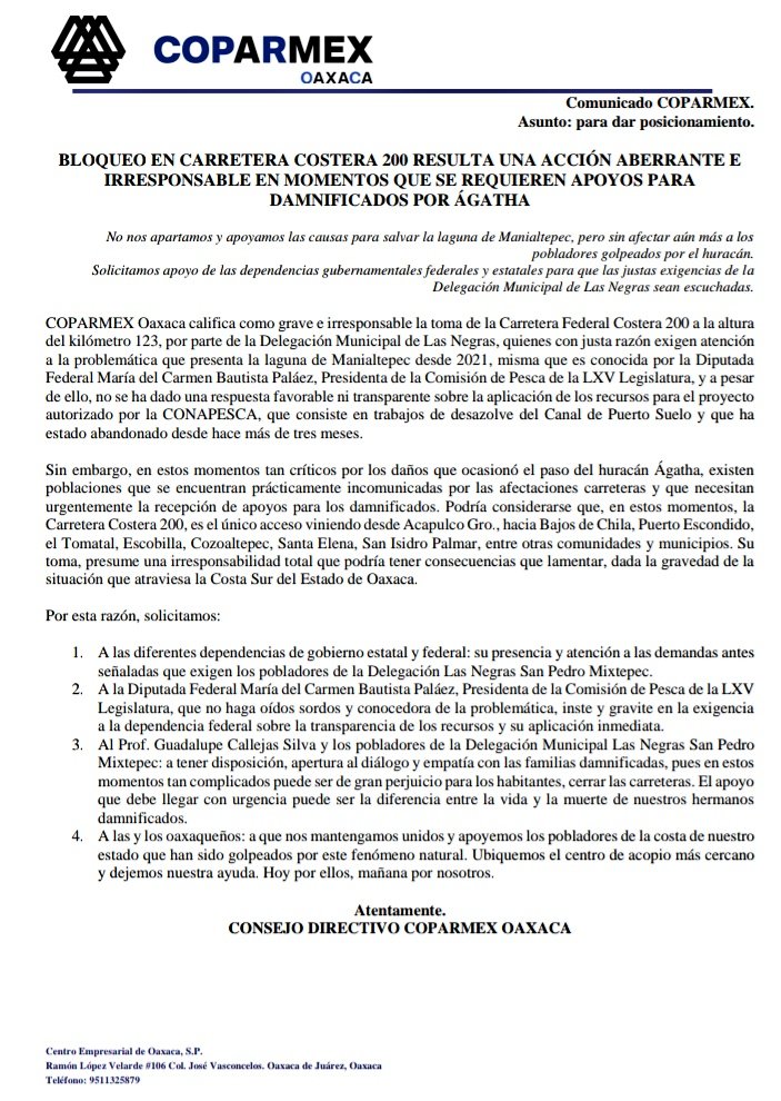 Coparmexoaxaca's tweet photo. 📌 COMUNICADO COPARMEX OAXACA:

BLOQUEO EN CARRETERA COSTERA 200 RESULTA UNA ACCIÓN ABERRANTE E IRRESPONSABLE EN MOMENTOS QUE SE REQUIEREN APOYOS PARA DAMNIFICADOS POR ÁGATHA. https://t.co/UQJx1PGjTV