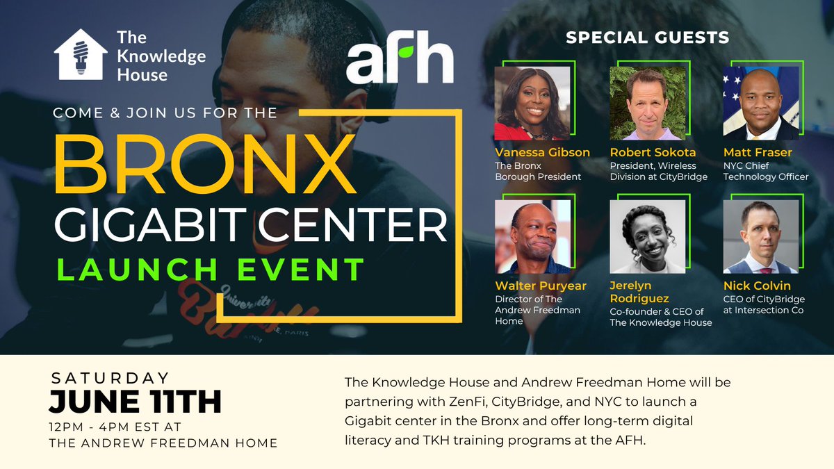 ZenFi_Networks's tweet image. Join us on June 11 at 12 p.m. as we launch The Bronx Gigabit Center to help support aspiring technologists into rewarding careers. 

Register today: bit.ly/GigabitCenterL… 

#ExpandOpportunity #TechPrograms #KnowledgePays #KnowledgeFrees