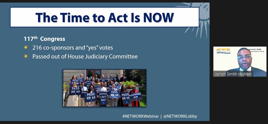 NETWORKLobby's tweet photo. Government Relations Advocate @JarrettSmith says after 33 years of being introduced into Congress by Congressman Conyers and by @JacksonLeeTX18, the time for #HR40 is now! #NETWORKWebinar https://t.co/YsIGVTOFIg