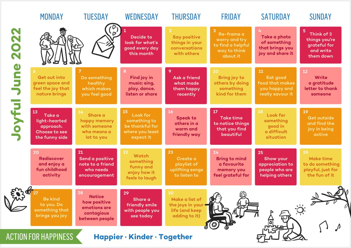 HealthiestIowa's tweet photo. Create more positive emotions this June with the Joyful June calendar from @actionhappiness. Use the daily prompts to guide you in finding something to be thankful for and appreciative of everyday this Month! 😊

https://t.co/tCT1Y26MHY https://t.co/KRlu5Ml5Yi