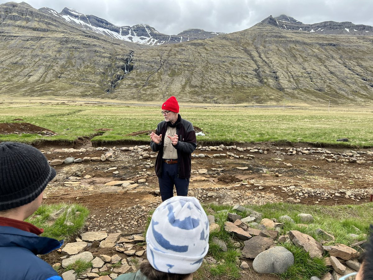 lbleamas's tweet photo. Day 9: headed east to a possible pre-settlement (874) archeological dig (thank you @Jon_Gnarr for letting us know!) Bjarni was incredible. The Hall, or long house, has several unique characteristics from a typical settlement era hall. @Trinity_U #goTUiceland https://t.co/TlQfsQZ65G