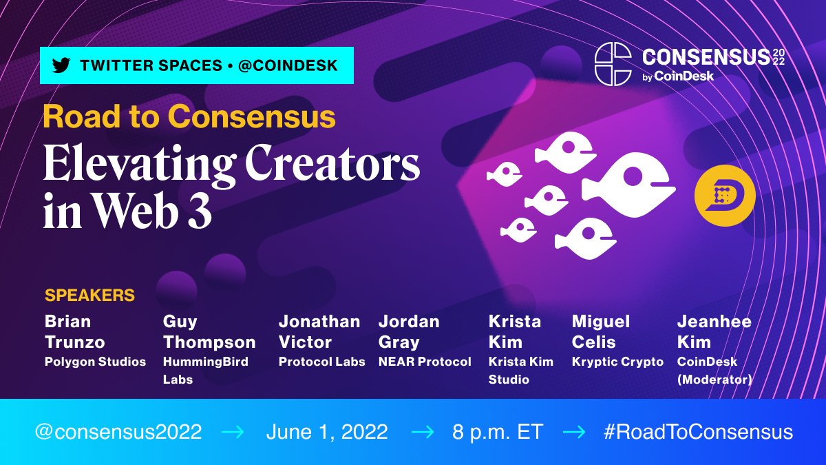 CoinDesk's tweet photo. COMING UP: Join #DESKCreator advisers @NTBro, @RillaGuy, @jnthnvctr, @starpause, @krista_kim and @Crypto33Miggy as they discuss how creators can leverage NFTs and the metaverse to gain financial and creative empowerment.

Set your reminder: https://t.co/F86VDJU3U6 https://t.co/roDieWrYVe