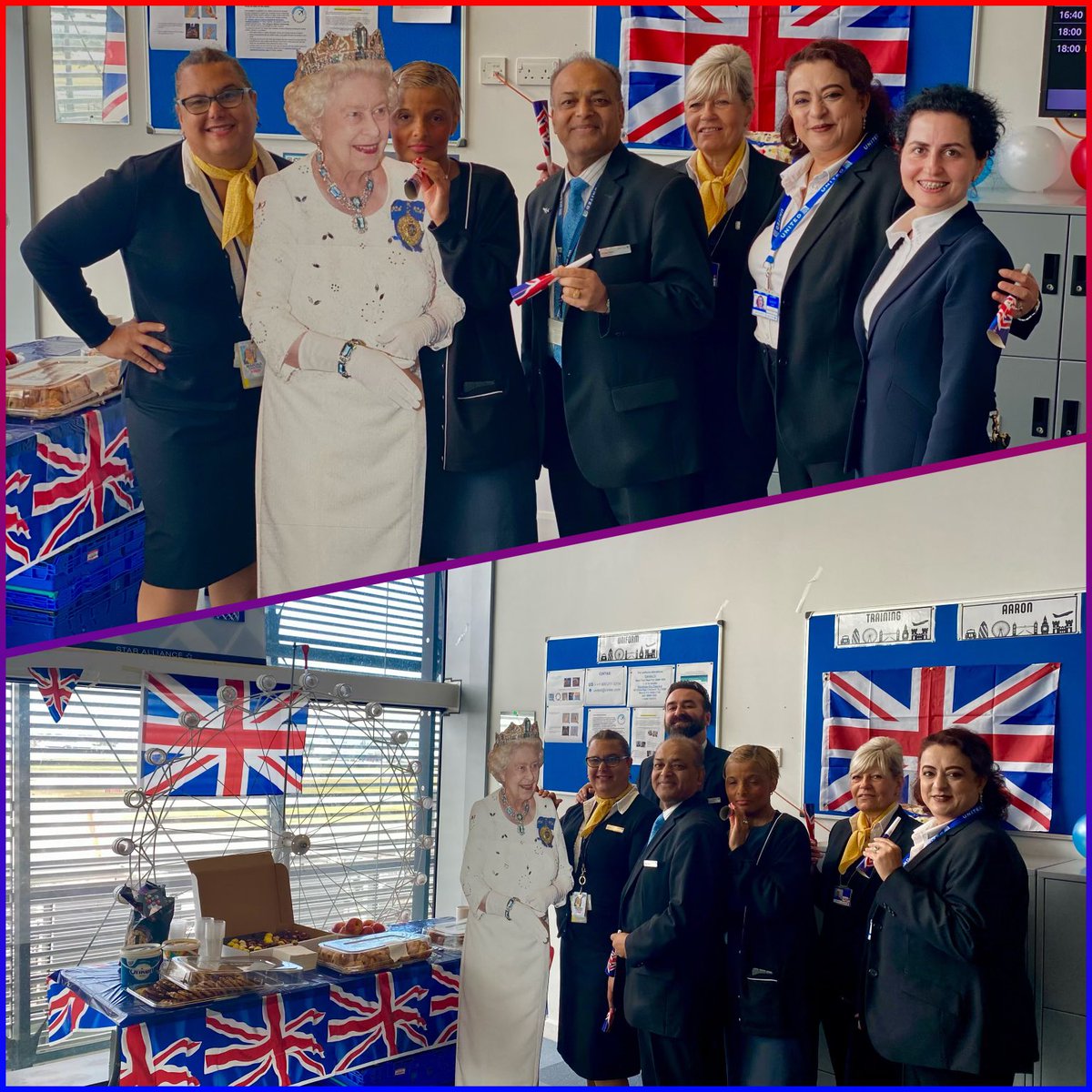 Starting the #Jubilee celebrations early @United LHR today. As the UK prepares for the long weekend celebrations, only fitting #TheQueensTerminal hosts our VIP for cakes & pastries with our staff. @WeAreUnited #BeingUnited @marisaatunited @aaronsmythe