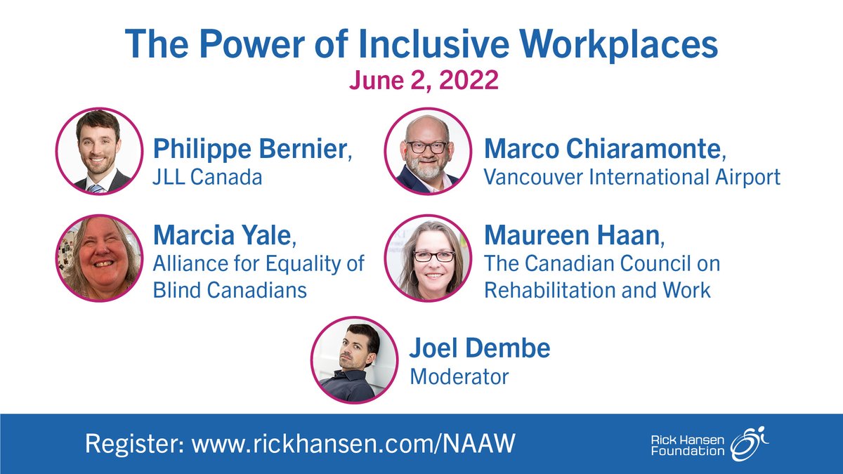 RickHansenFdn's tweet photo. Let's talk about the power of #disability #inclusive workplaces for #NAAW2022! Join panelists from across Canada tomorrow at 10am PT for this free virtual event, and learn how we can all be better advocates for inclusion. 
Register here:
https://t.co/Cnz2Ongnck https://t.co/usHkTX1g1k