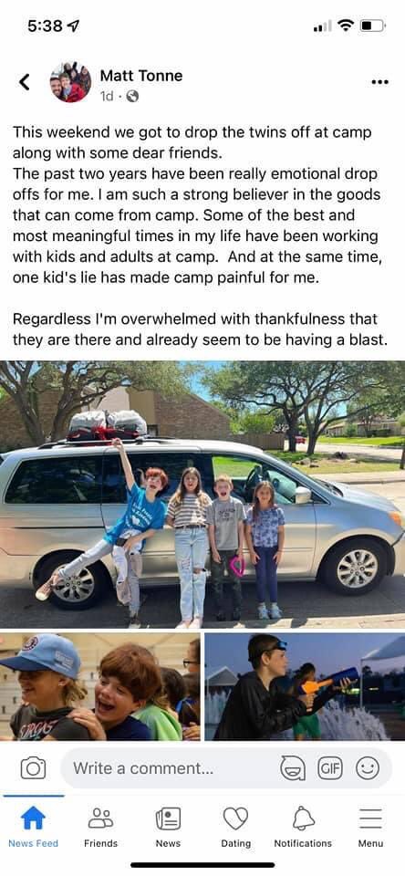 EdenElsewhereNo's tweet photo. #matttonne says camp is ruined for ‘him’ because of ‘one kid’s lie’.  Strange wording for a grown adult to use in reference to a very serious accusation of child sexual abuse. (BTW I believe the victim) @villagechurchtx #churchtoo #believevictims https://t.co/jN5SAyrUwv