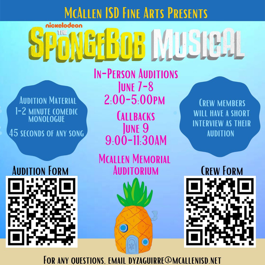 Very excited for a <a href="/mcallenfinearts/">McAllen ISD Fine Arts</a> district-wide musical this summer! 
All <a href="/McAllenISD/">McAllen ISD</a> incoming 6th-12th grade students are invited to audition and/or interview to be on the technical crew. 
Audition Form Link- airtable.com/shrFpaXRiZvdDm…
Crew Form Link- airtable.com/shrXa3t46TvZ1j…