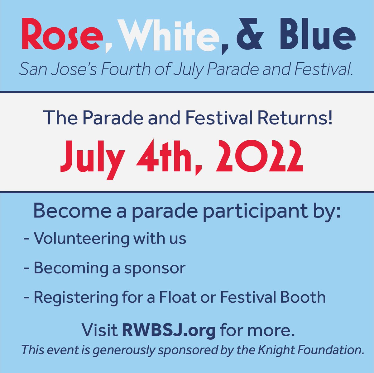 RWB_Parade's tweet photo. Be in the parade this year!  Everyone is welcome so show us what you‘ve got.  Sing, Dance, Skate, March, Float, Bike…

Sign Up at https://t.co/TX5G2pBb66

This event is generously funded by @Knightfdn! https://t.co/A09XKnhBnw