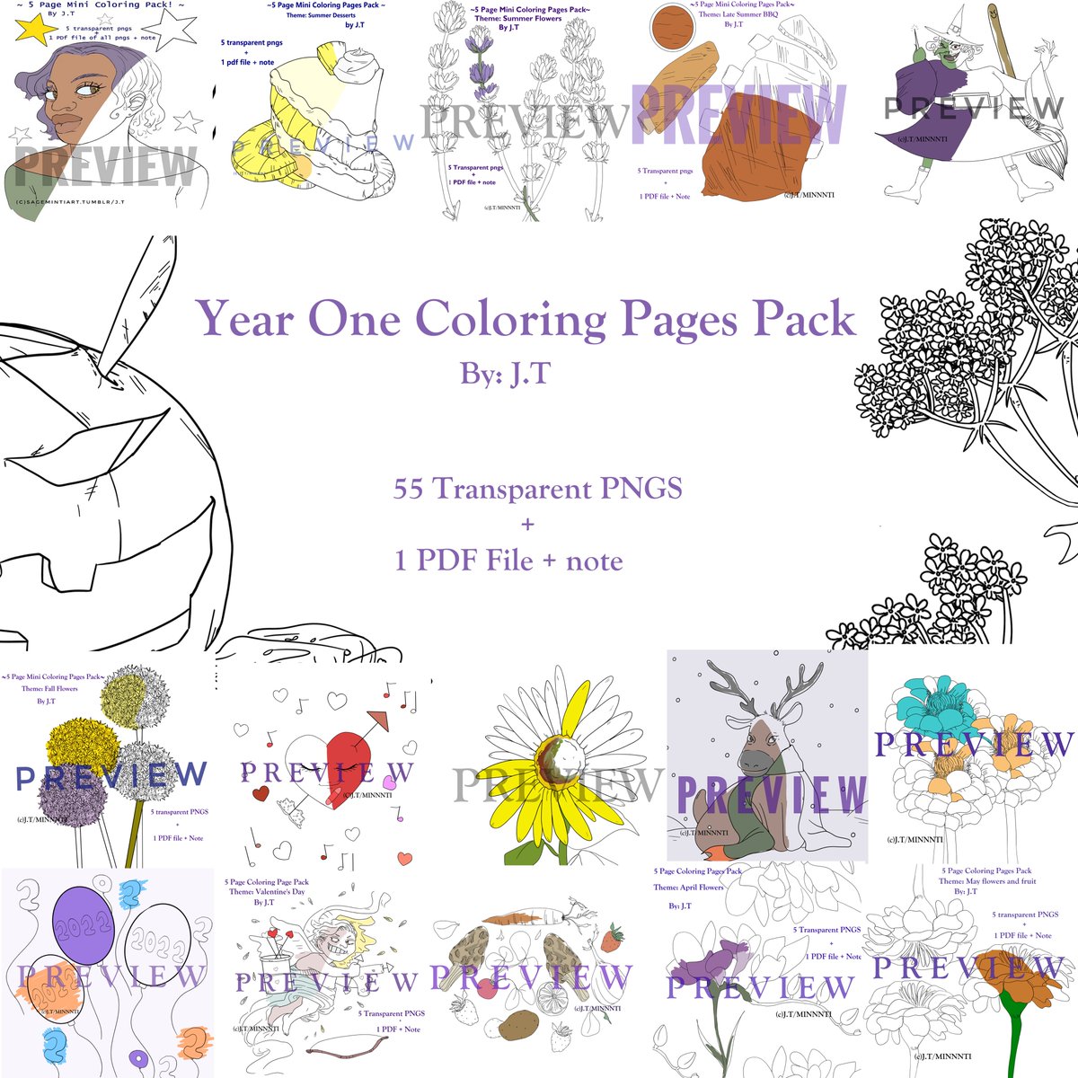 Releasing my Year One in coloring pages compilation book/pack~
*for personal use only

Contains 55 pages at $16.50. Can be bought from my ko-fi, gumroad and dillyhub. Will be linking in the reply* #coloringpages #arttwt #originalartwork #illustration