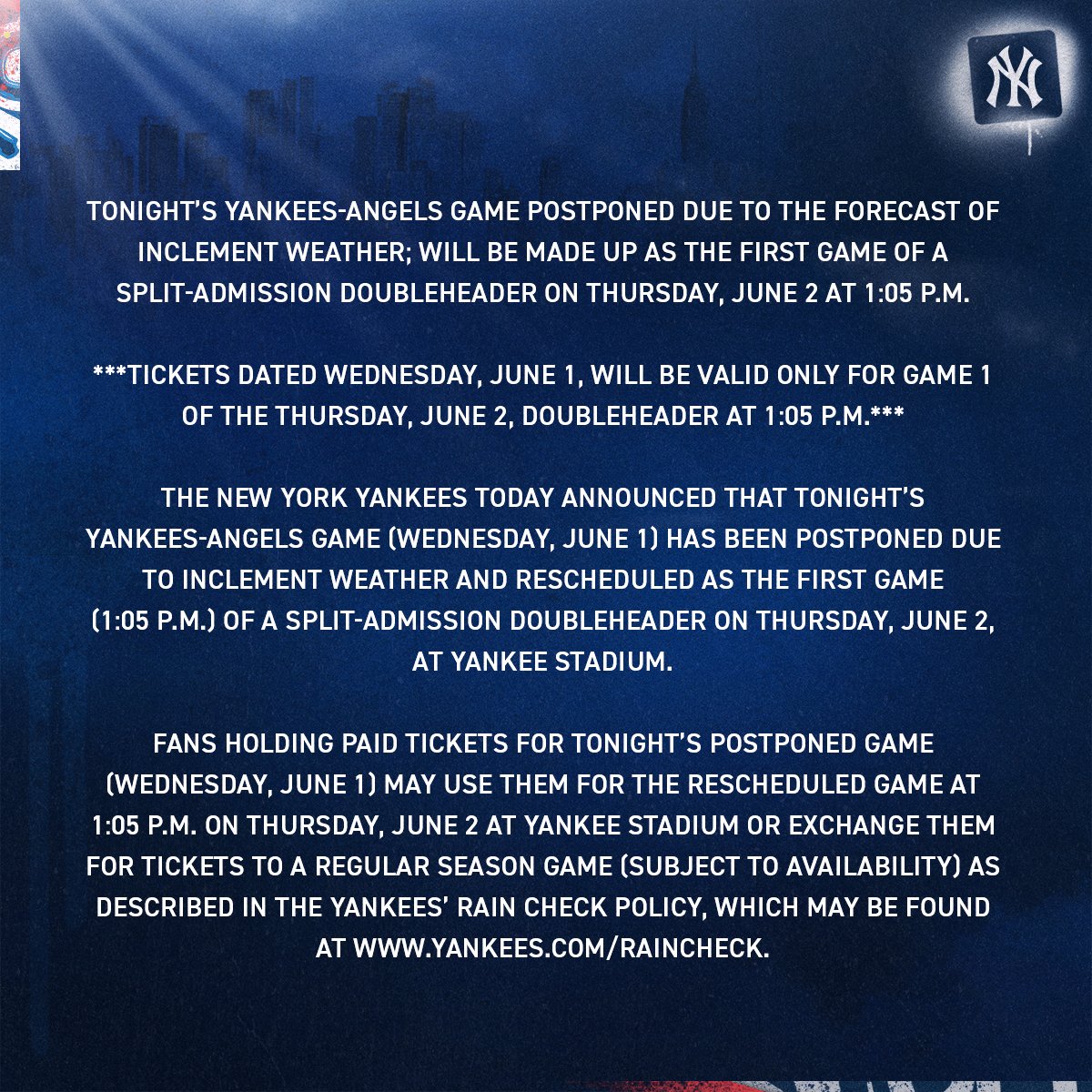 Yankees-Angels game has been postponed 
