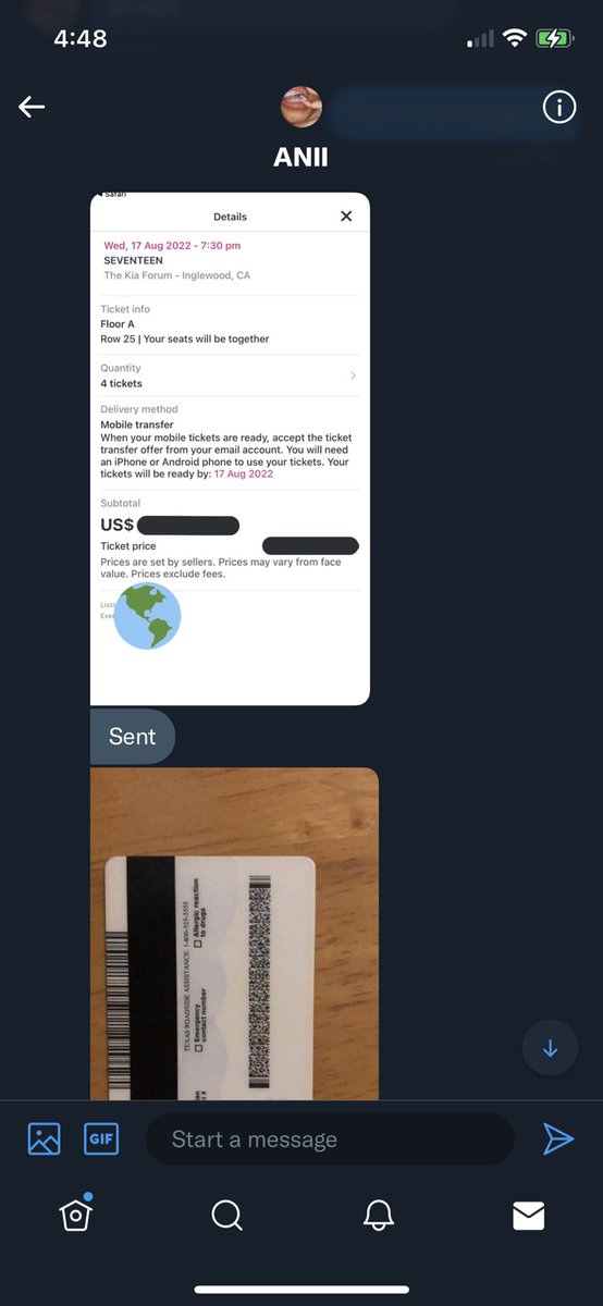 dimpleing's tweet photo. 🚨SCAMMER🚨

THIS PERSON IS SCAMMING.  PLEASE DO NOT TAKE THEIR TICKET OFFER. This is the type of "proof" they will provide you and the phone number. I called the person on the phone multiple times and finally a male picked up. I'm disappointed and ashamed. Don't make my mistake. https://t.co/Oaw7POjsRZ