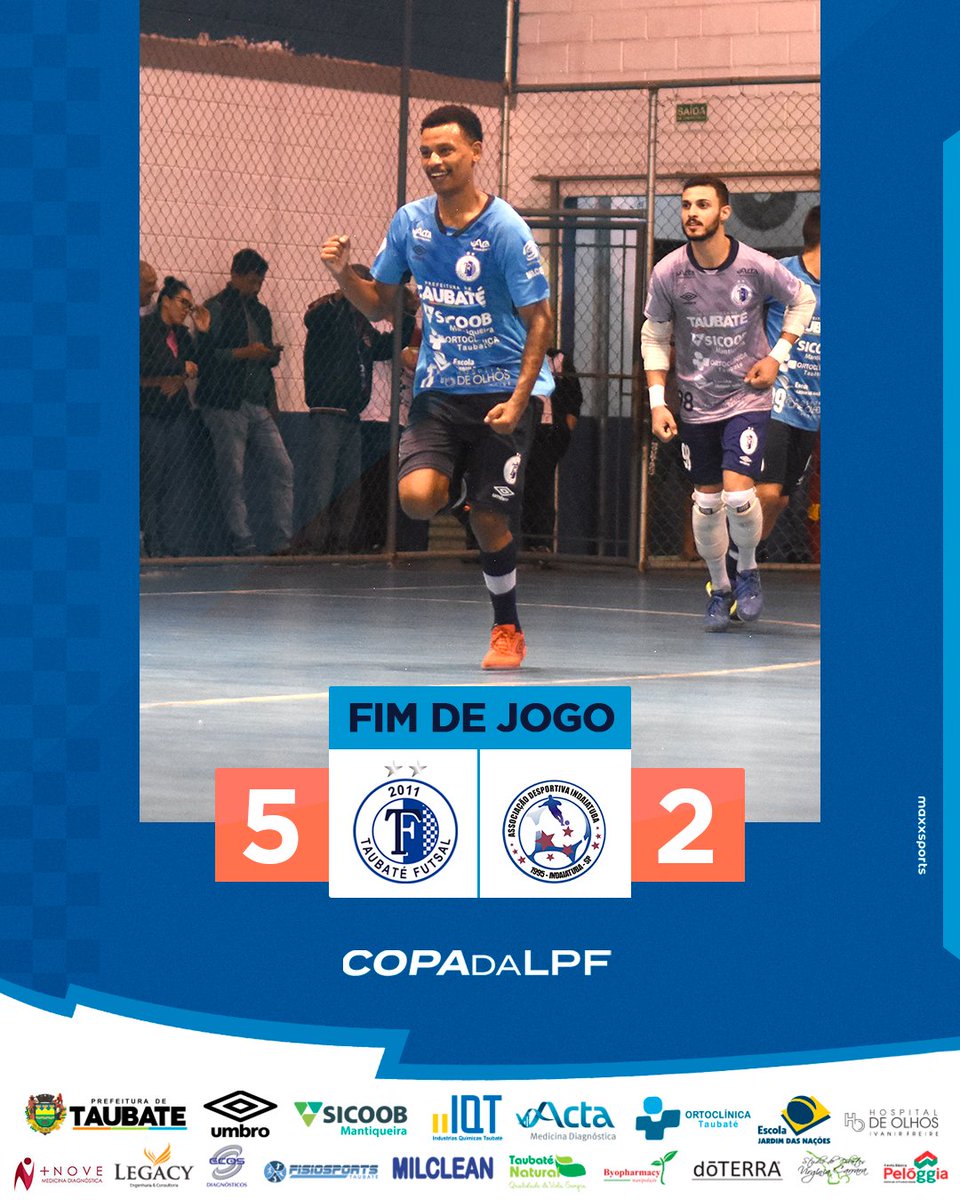 taubatefutsal's tweet photo. ESTAMOS NA FINAL DA COPA DA LPF! Taubaté Umbro Futsal vence o AD Indaiatuba por 5 a 2. #VaiTaubaté
#TaubatéFutsal #Umbro #CopadaLPF #Futsal #LPF2022 https://t.co/CWhPUPtW2N