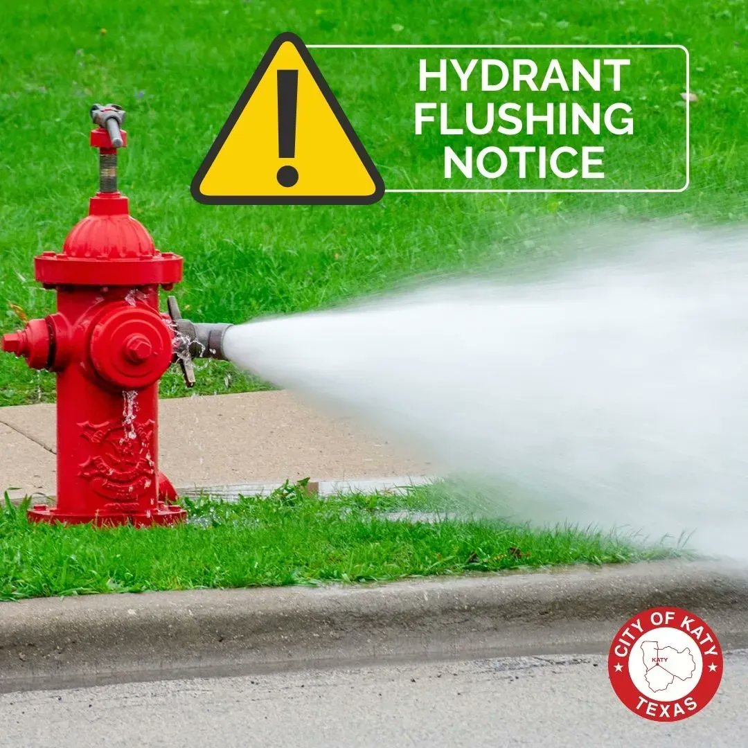cityofkaty's tweet photo. The City of Katy Water Department will be flushing hydrants beginning Thursday, June 2nd, and continue flushing on the 3rd, 6th &amp; 7th, from 7 a.m. - 4 p.m. 

Read more about it here: https://t.co/WZ7WQsLKFj https://t.co/aHqzGINQxC