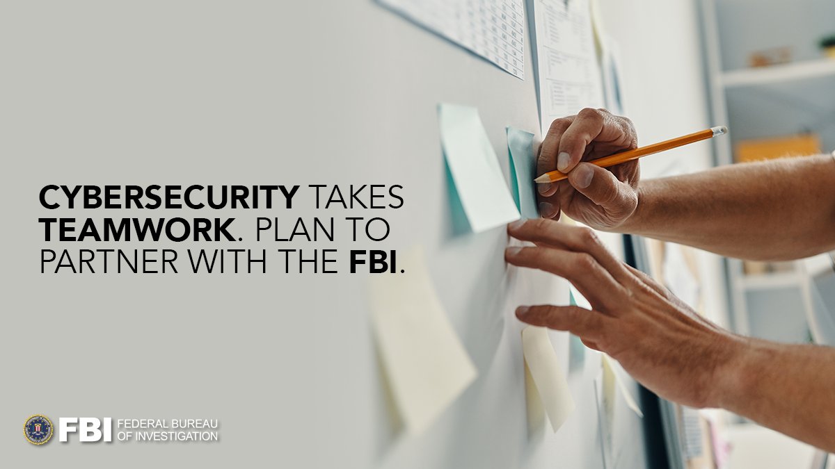 Fighting battles in cyberspace requires teamwork. The #FBI's partnerships help us defend networks, attribute malicious cyber activity, sanction bad behavior, and take the fight to our adversaries overseas. #CybersecurityIsNationalSecurity ow.ly/IRjC50JnmNq