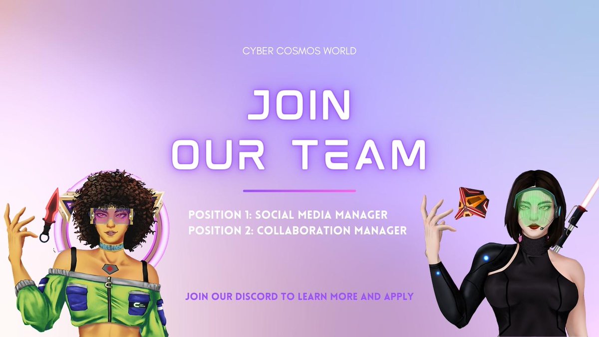 cybercosmosNFT's tweet photo. ✨ WE ARE HIRING ✨ 
￼
We have TWO exciting roles to be filled at Cyber Cosmos World:

💜 Social Media/Marketing Manager
💜 Collaborations/Partnerships Manager

Check out the 💼 web3-jobs channel on our discord to know more &amp; apply!

#Web3Jobs #NFTs #Metaverse #NFTCommunity https://t.co/2oT5zeA3Gb