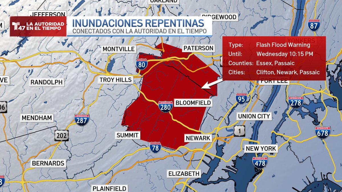 Flash Flood Warning para Essex, Passaic hasta 6/01 10:15PM
Descarga la aplicación de <a href="/Telemundo47/">Telemundo 47</a> y conéctate con #LaAutoridadenelTiempo