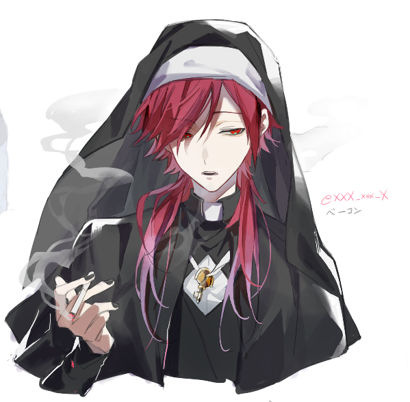 1boy red hair male focus smoke solo red eyes nun  illustration images