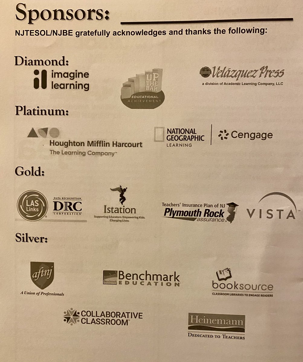 NJTESOL_NJBE's tweet photo. Thank you to our Diamond, Platinum, Gold, and Silver sponsors! We appreciate your sponsorship! #njtesolbe #njtesol_njbe https://t.co/sveszCHVTr