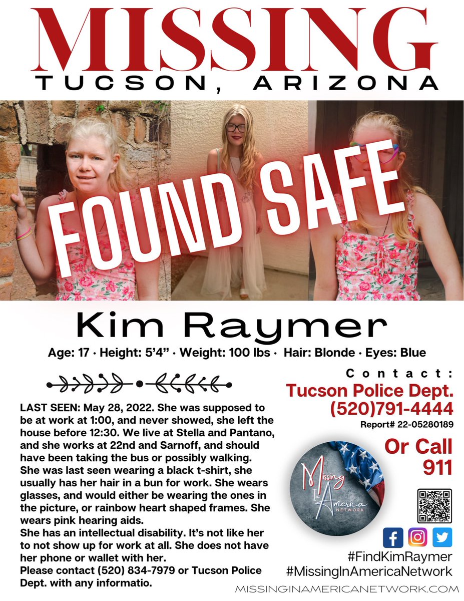 missingNamerica's tweet photo. @MissingNArizona @NevermindLis @GurlGeekInFL @Peanut_Gallery3 @AdvocateJey @KathiVampyKay @Tiffany34006057 @New_JP_Here @KOLDNews @ArizonaNewsnet @KVOA @TmzTucson @TpdVolunteers @TucsonRomero @kgun9 #FOUNDSAFE Someone saw her and recognized her from a flyer. They called police and now Kim is safe. Thank you everyone for sharing. #FlyersWork #SharingIsCaring https://t.co/n4uIASPg7L