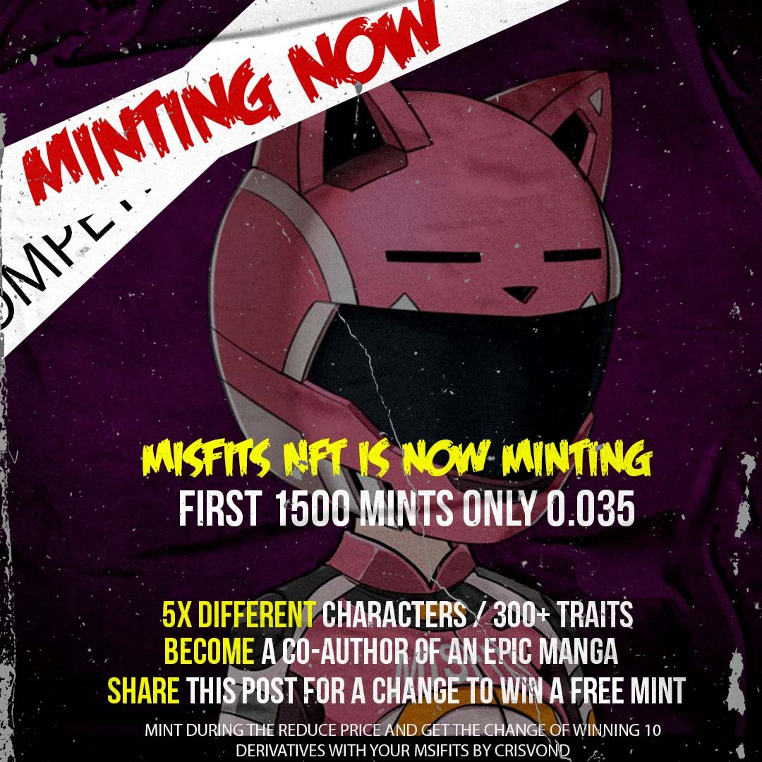 KneedlessFam's tweet photo. Flash Discount Mint for TheMisfitsNFT Now Open 
0.035 until it reaches 1500 mints 
Firt come first serve
share and tag friends for a change to win a Free Mint 
Official Mint Page 
https://t.co/50M7QSynAJ
#NFTS #FREEMINTS #NFTGIVEAWAY #TheMisfitsNFT https://t.co/jtBRTuJzwJ