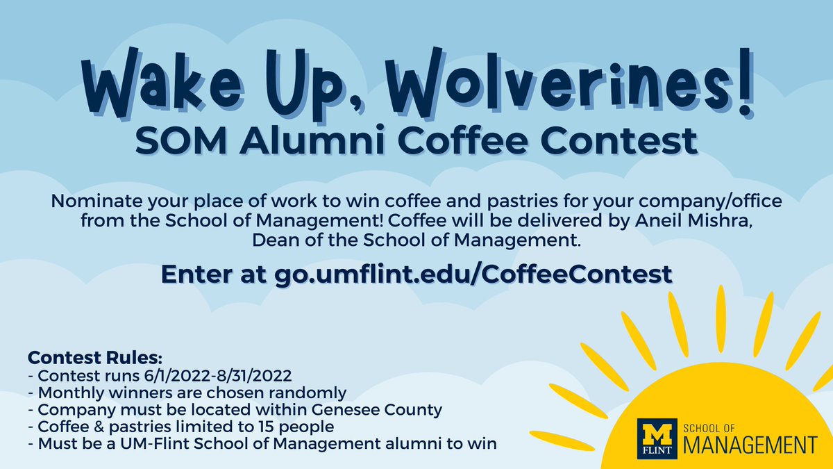 UMFlintSOM's tweet photo. Enter to WIN coffee and pastries for your office/department delivered by Aneil Mishra @drmish, Dean of the School of Management! ☕️
Enter at https://t.co/gIzWQ8w5vm
#umflint #umflintsom #WakeUpWolverines https://t.co/i56GWW8Rlo