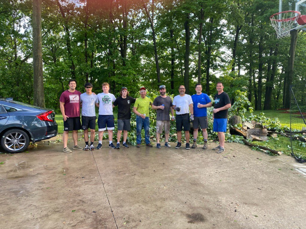 ECbaseball_'s tweet photo. Thanks to friends for lending a helping hand.  Lightning struck our neighbor’s tree and did some damage to our property earlier today.  Hearing maybe a tornado ripped through?  We are all safe.  Huge thanks to the Thomans, Rauschers, Kennys, my brother and two sons! https://t.co/lWCTB6Siiw