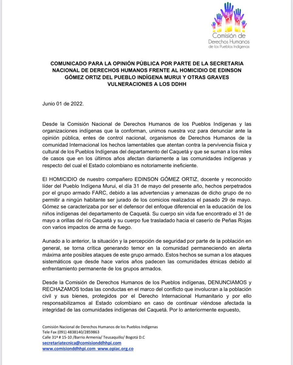 Indepaz's tweet photo. 👥 Edison Gómez Ortiz
📆 Fecha: 31/05/22
📍 Lugar: Solano, Caquetá

⚠️ Con Edison Gómez Ortiz serían 80 los líderes/as y defensores de DDHH asesinados en 2022 y 1307 desde la firma del acuerdo. https://t.co/GmjdTq71o1