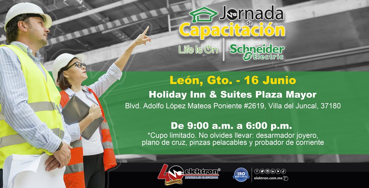 Asiste a la 𝟭𝗿𝗮 𝗝𝗢𝗥𝗡𝗔𝗗𝗔 𝗗𝗘 𝗖𝗔𝗣𝗔𝗖𝗜𝗧𝗔𝗖𝗜Ó𝗡 𝗘𝗡 𝗟𝗘Ó𝗡 con nuestros amigos de <a href="/SchneiderMX/">Schneider Electric</a> , ¡Inscríbete, Cupo limitado! 👷

Regístrate aquí 👉 bit.ly/38nXDnS 

*Evento 𝗚𝗥𝗔𝗧𝗨𝗜𝗧𝗢

#SoyElektron  #JornadaDeCapacitaciónLeón #SchneiderElectric