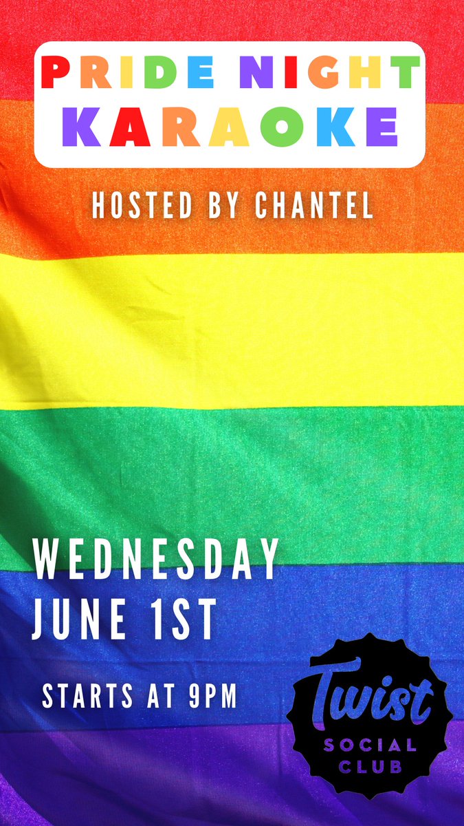 Its Karaoke Night at Twist Come sing your favorite songs and enjoy our special themed cocktails. We even have Pride swag for our singers and dancers. Hosted by Chantel 
Starts at 9PM

#PrideMonth #karaoke #lgbtqpride #music