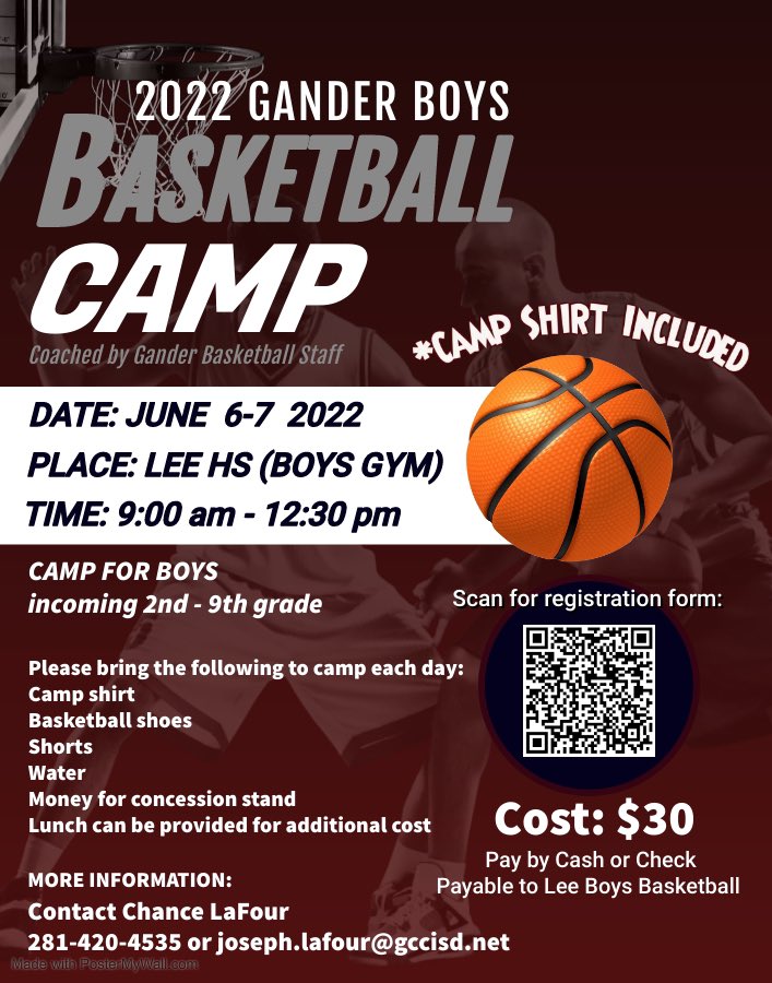 ganderhoops's tweet photo. 2022 Gander Boys Basketball Camp begins this Monday (June 6 &amp; 7)  Camp is OPEN TO ANY MALE STUDENT, incoming 2nd-9th grade. You do not have to be a GCCISD student to attend. Register camper with the QR code on the flyer. Payment on the first day of camp.
#GoGandersGo https://t.co/xKJj4oGdfT