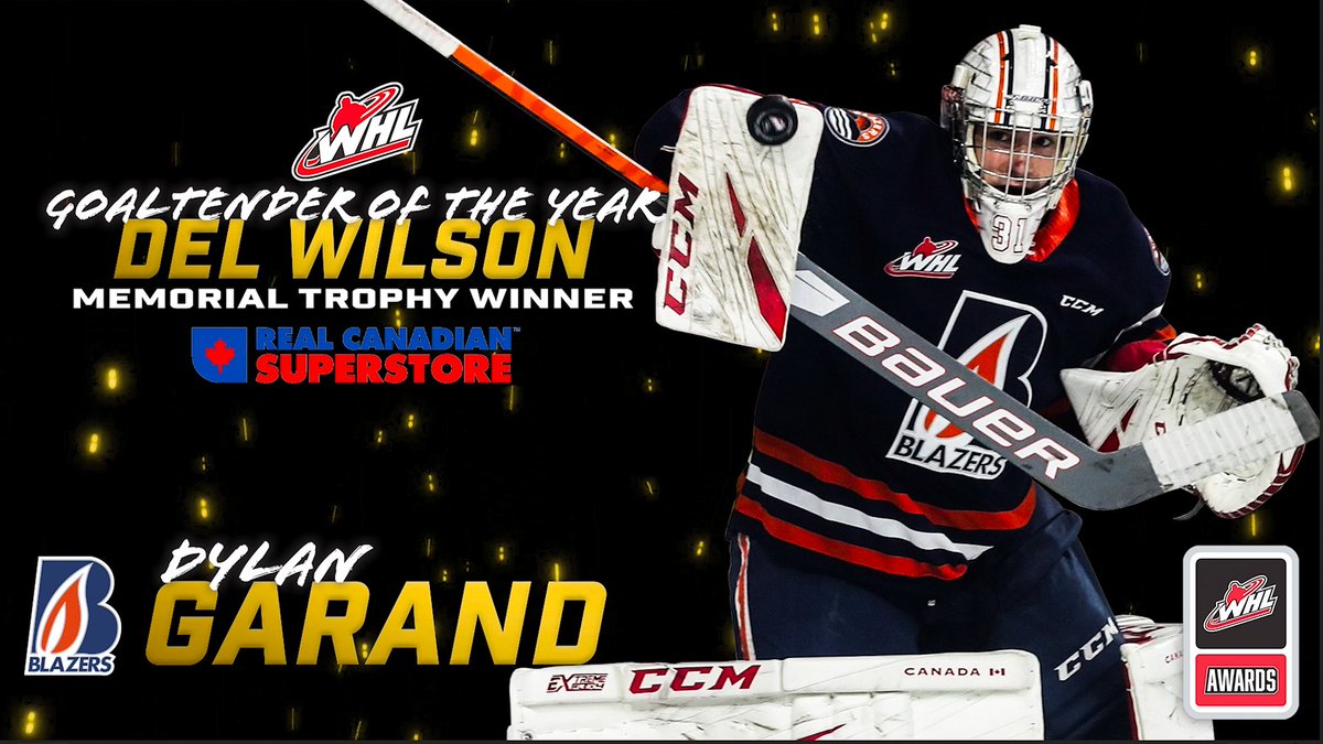 TheWHL's tweet photo. Congratulations to @blazerhockey goaltender Dylan Garand, recipient of the Del Wilson Memorial Trophy as 2021-22 WHL Goaltender of the Year, presented by @RealCdnSS.

📰 | https://t.co/dtTyl90ftF

#WHLAwards | @NYRangers https://t.co/hzNopgvoL8