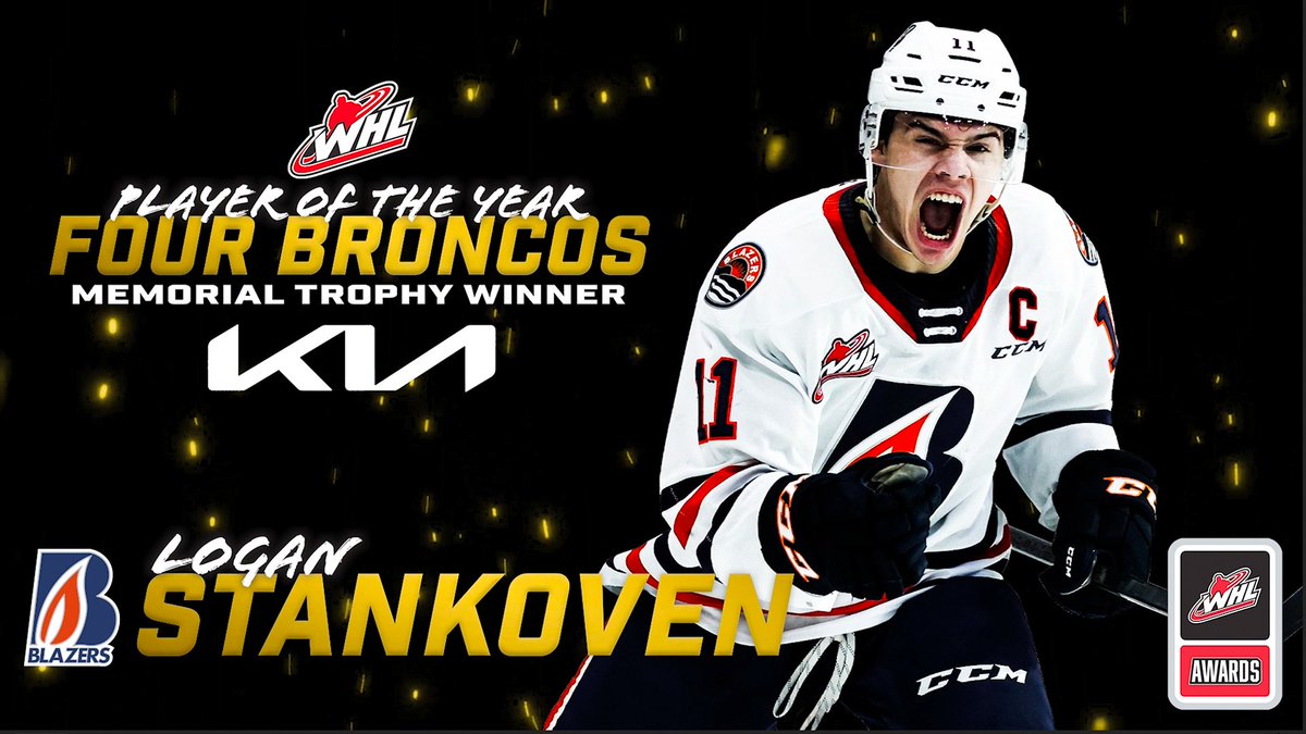 TheWHL's tweet photo. Congratulations to @blazerhockey forward Logan Stankoven, recipient of the Four Broncos Memorial Trophy as 2021-22 WHL Player of the Year, presented by @KiaCanada.
📰 | https://t.co/F92zhPf86O
#WHLAwards | @DallasStars https://t.co/aEQqfyTsiu