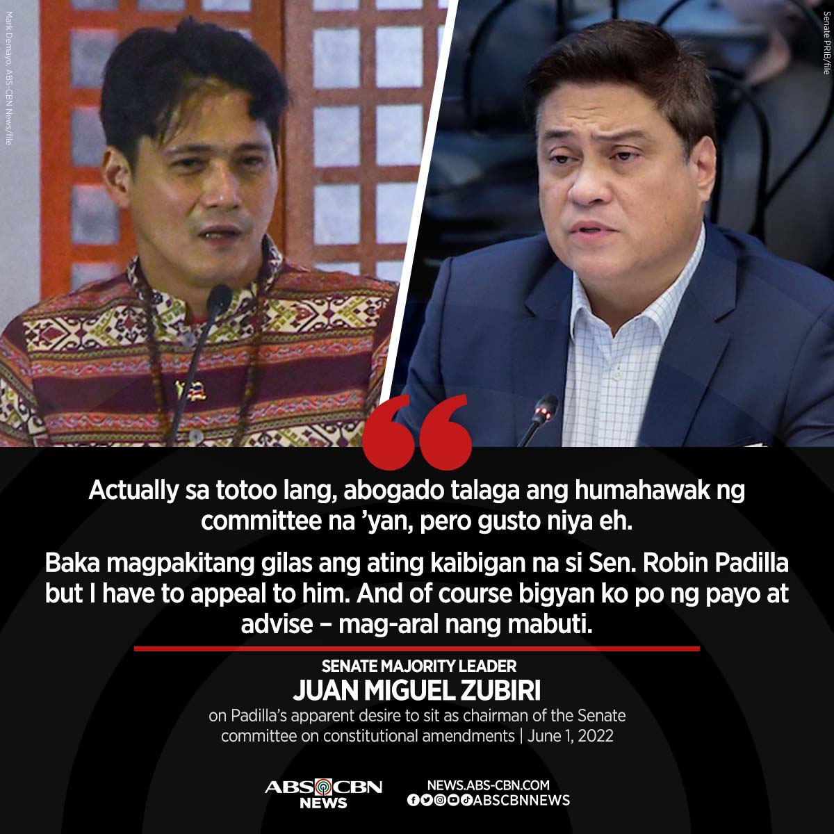 ABSCBNNews's tweet photo. Senate Majority Leader Juan Miguel Zubiri advised incoming senator Robin Padilla to study legal terminologies and the Constitution, especially since he is eyeing to lead the constitutional amendment and public information committees of the Senate.

Read: https://t.co/dg0DxjodqW https://t.co/0fKsJwPt0l