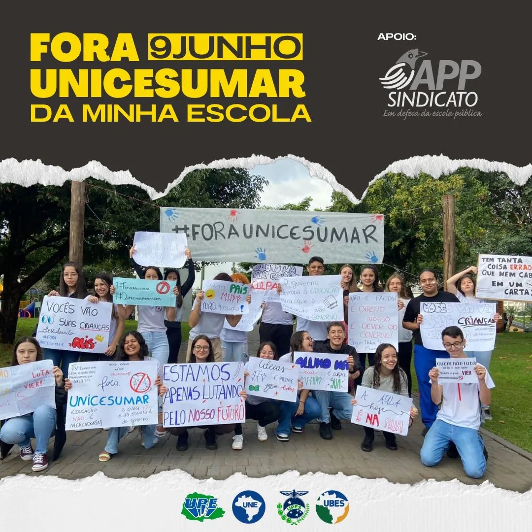 appsindicato's tweet photo. Se não tem professor em sala, a aula é na rua!
Os(as) estudantes indignados(as) com a farsa da Unicesumar nas escolas estaduais vão colocar o bloco na rua no dia 9 de junho.
Atos já estão marcados para Curitiba, Francisco Beltrão e Foz. Todo apoio à luta! #ForaUnicesumar https://t.co/rX0MacGK8q