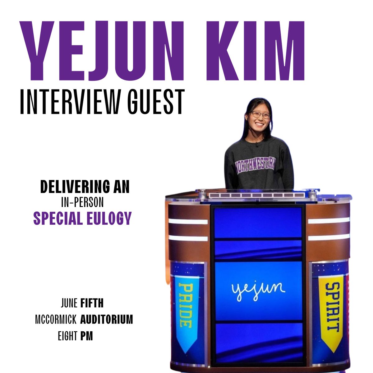 blackout_nu's tweet photo. It's time for the Daily Double! We're so excited to have Yejun Kim as our second interview guest ⭐️ Yejun was NU's rep on Jeopardy!'s College Championship, beating out over 25,000 students for a spot. Witness her smarts in-person THIS Sunday, June 5th at our Spring Live Show! https://t.co/MJla6iQdG8