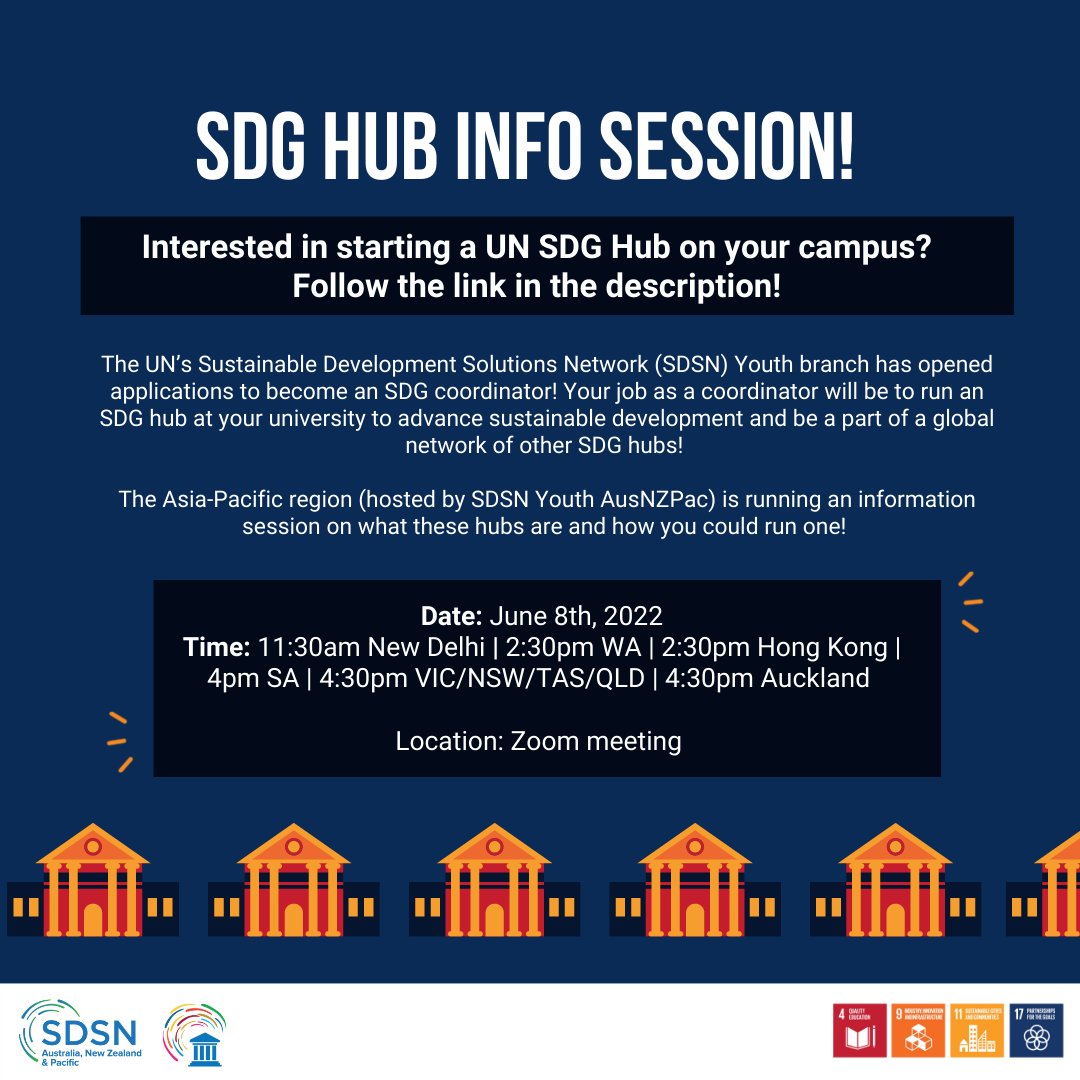 The <a href="/SDSNYouth/">SDSN Youth</a> SDG Coordinator Program is now accepting applications from university students for the 2022/23 cohort! Join the SDSN Youth AusNZPac information session on 8 June to find out more! 
forms.gle/nDawFs5Sqc1gUE…