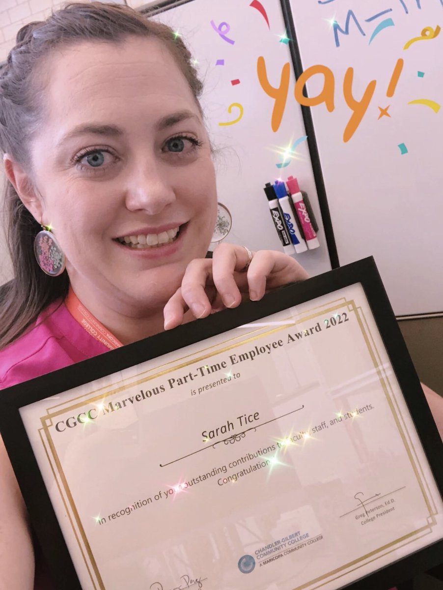 ed_advice_tice's tweet photo. I received an award at work for being a Magnificent Part Time Employee! I’m lucky to work with a great team who share a love for supporting students &amp; promoting learning. #communitycollege #cgcc #chandlergilbertcommunitycollege #academicadvising #studentservices #maricopacolleges https://t.co/pN8r6HRPQt